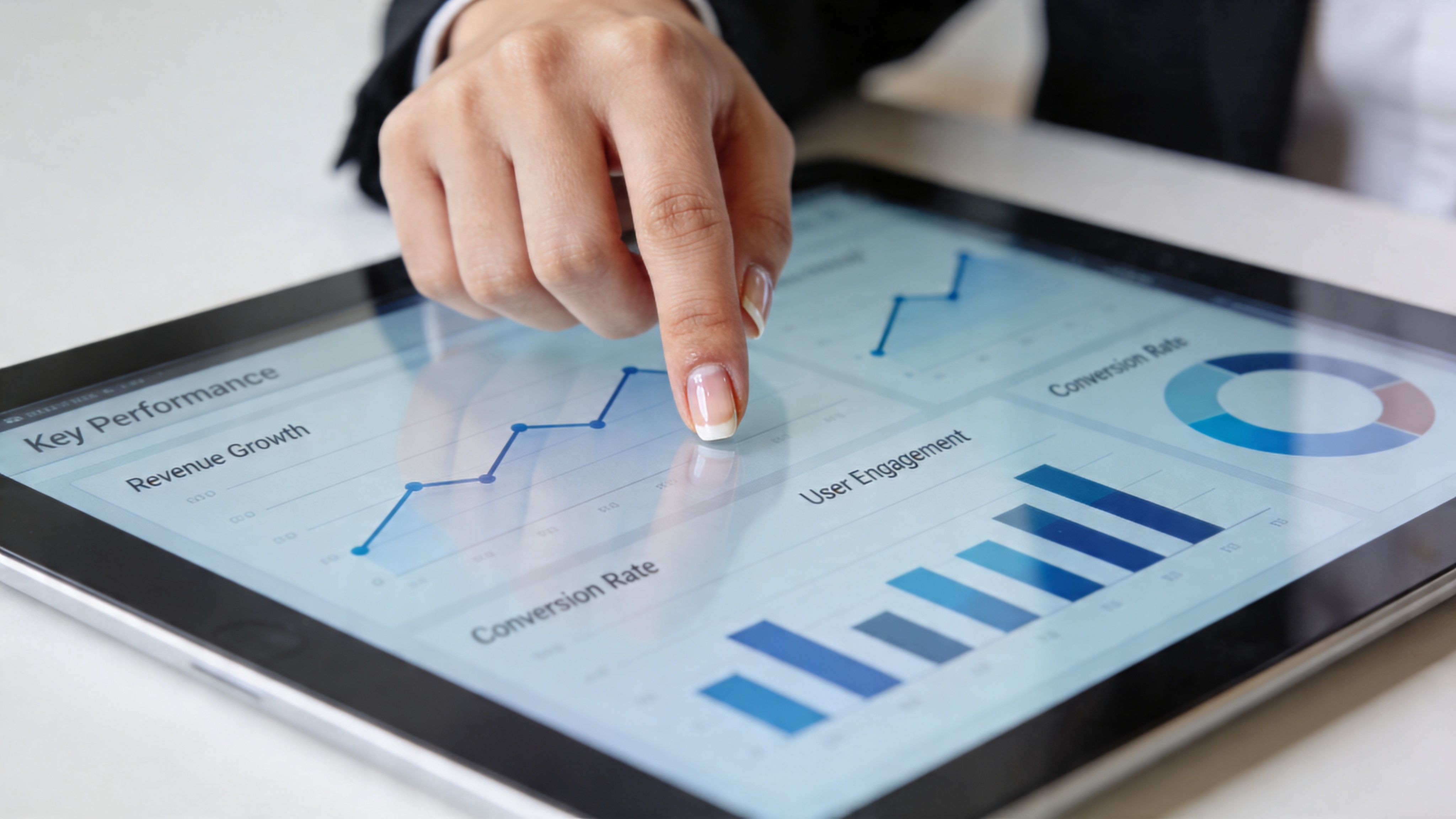 A professional analyzing business performance data and charts on a digital tablet screen in an office.