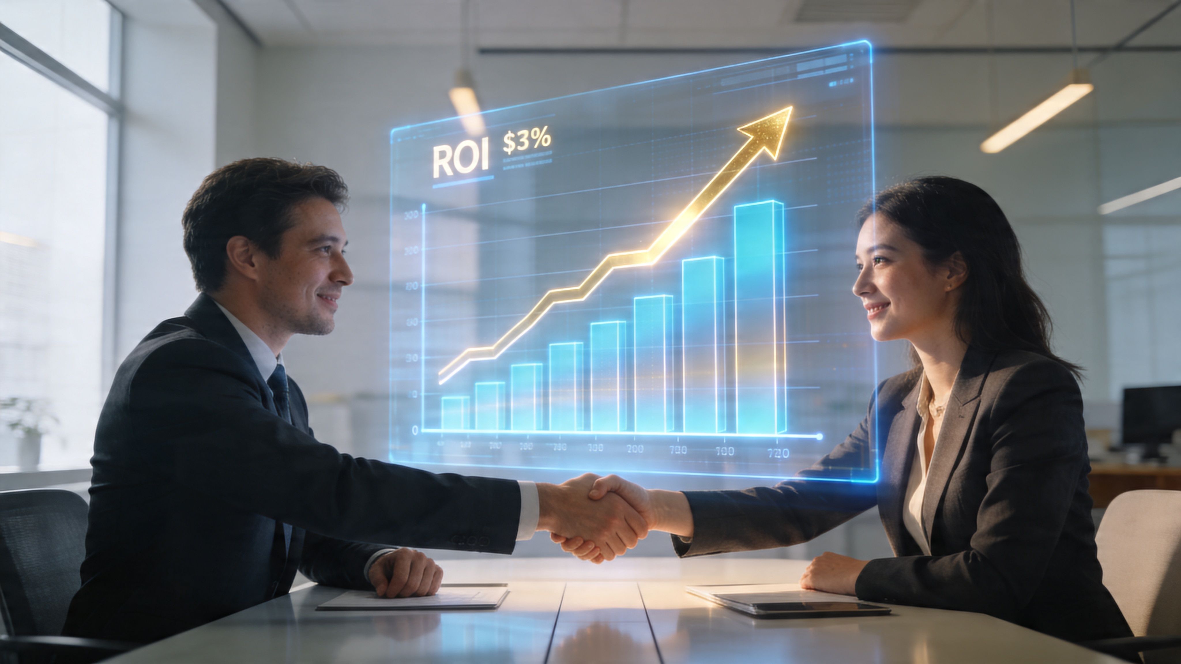 A professional man and woman in business attire shaking hands over a holographic financial growth chart.