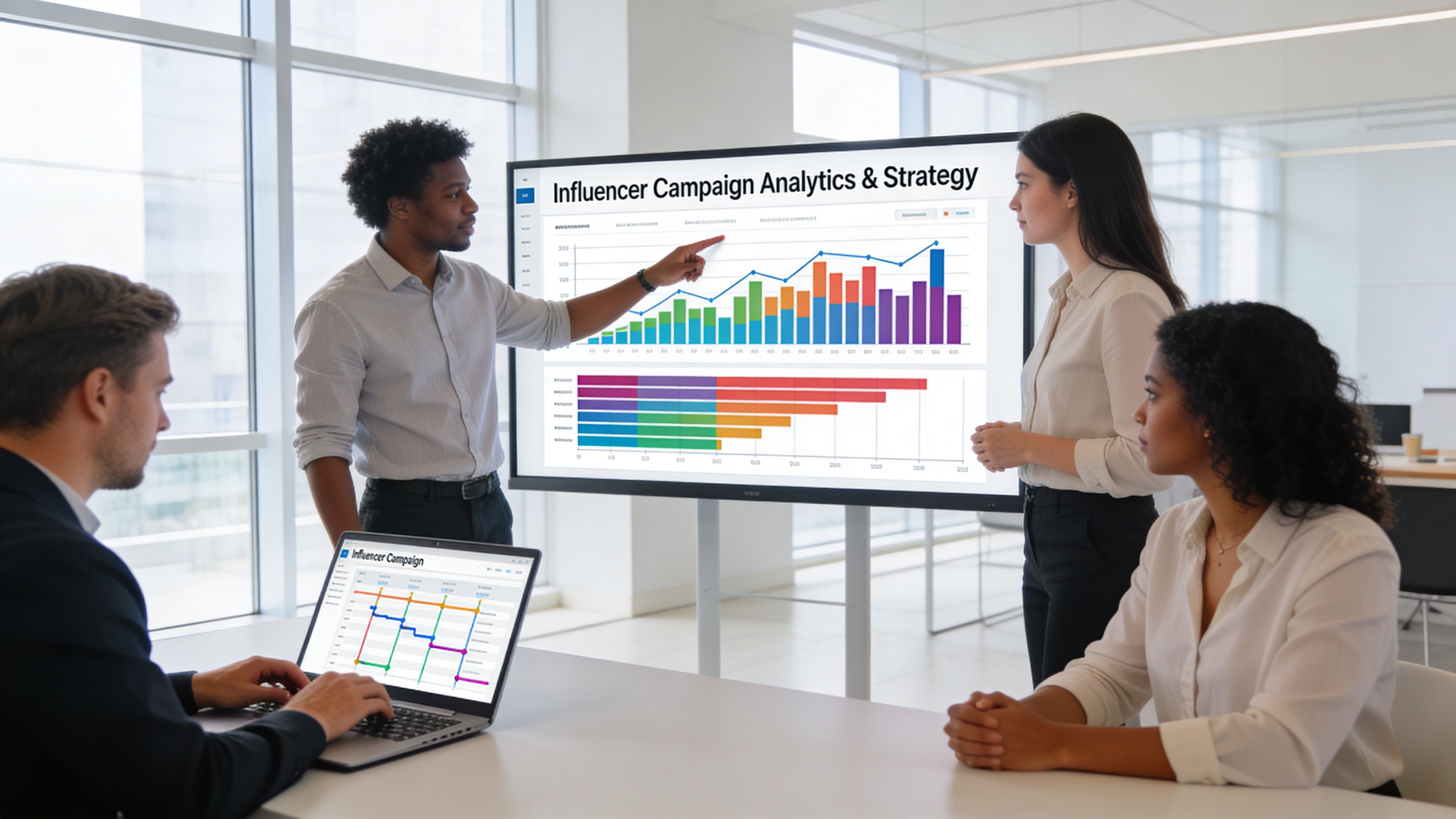 A diverse team of professionals reviewing influencer campaign analytics during a collaborative business presentation in an office.