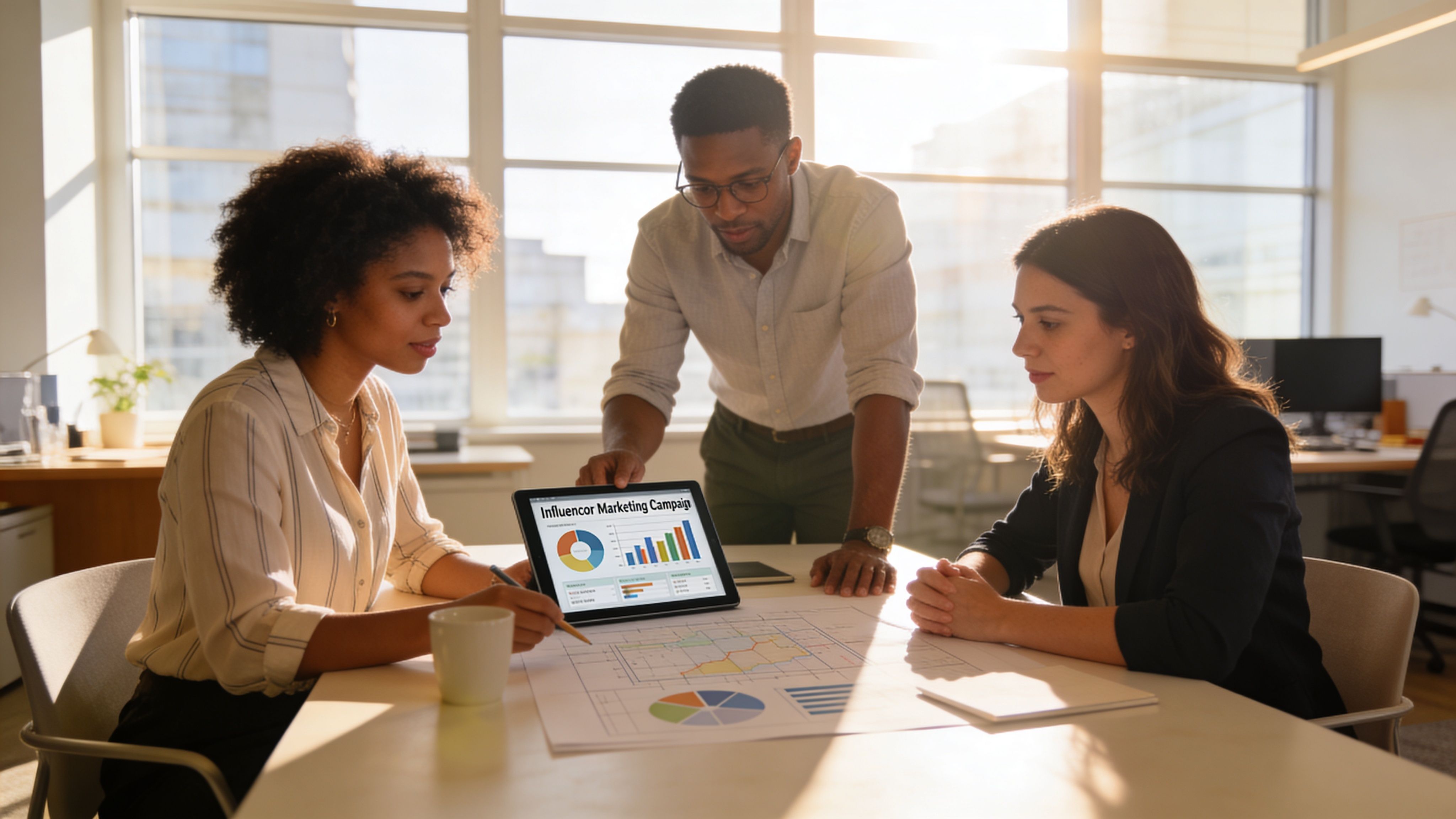 A diverse group of business professionals discussing an influencer marketing campaign strategy during a collaborative office meeting.