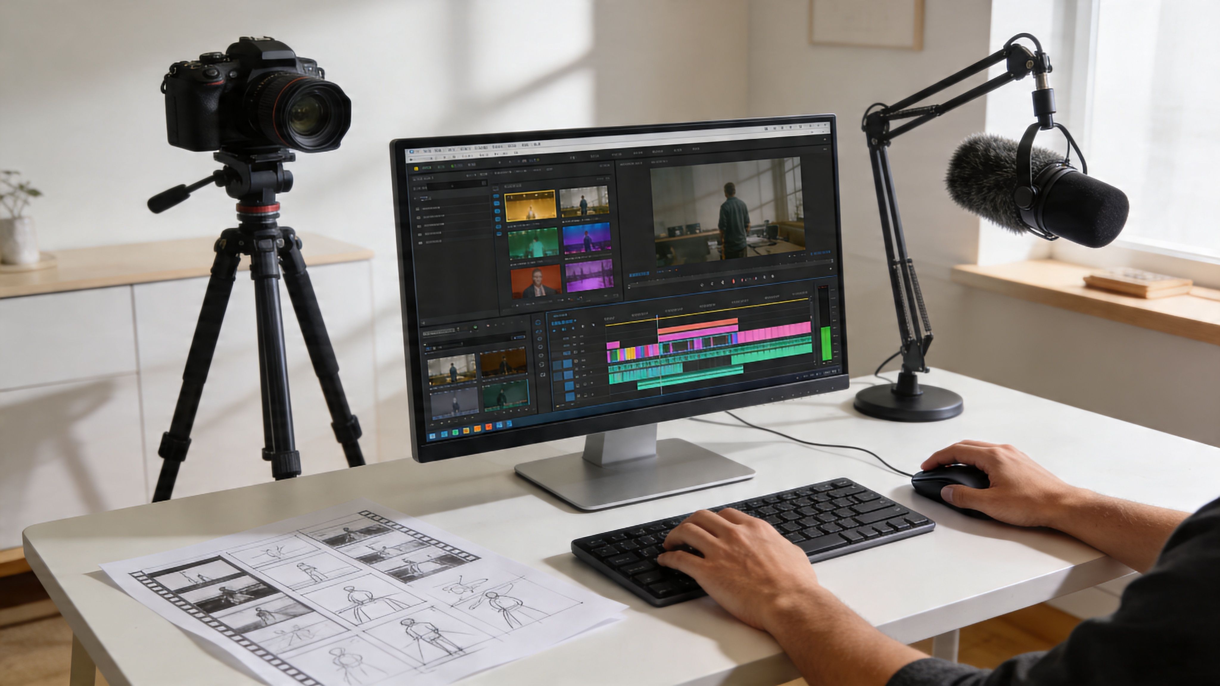A video editor works on a computer with a storyboard, camera on a tripod, and a microphone.