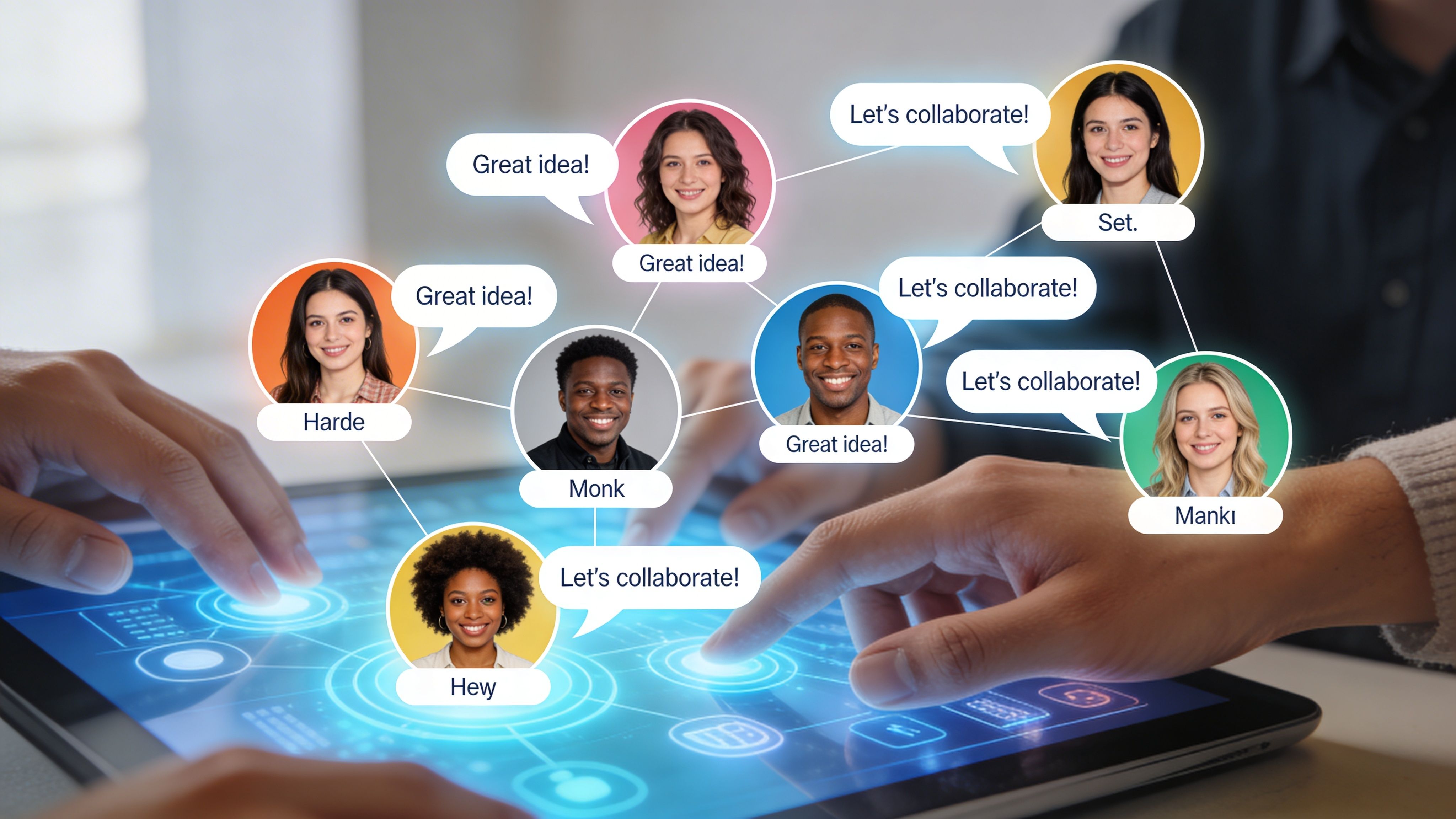 People using a tablet for professional networking and digital communication through a visual social media interface.