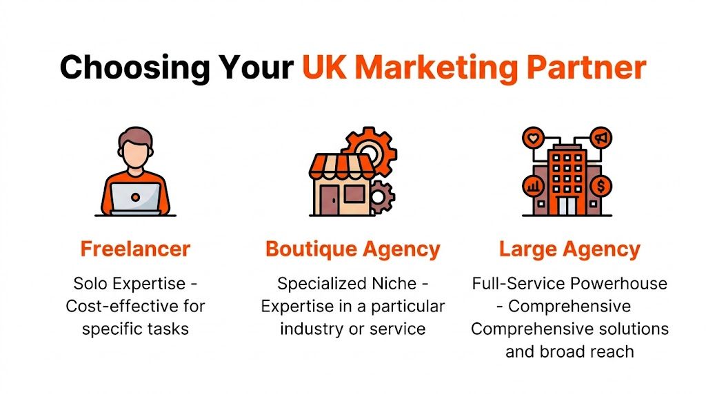 A visual guide comparing different types of marketing partners in the UK including freelancers, boutique agencies, and large agencies.