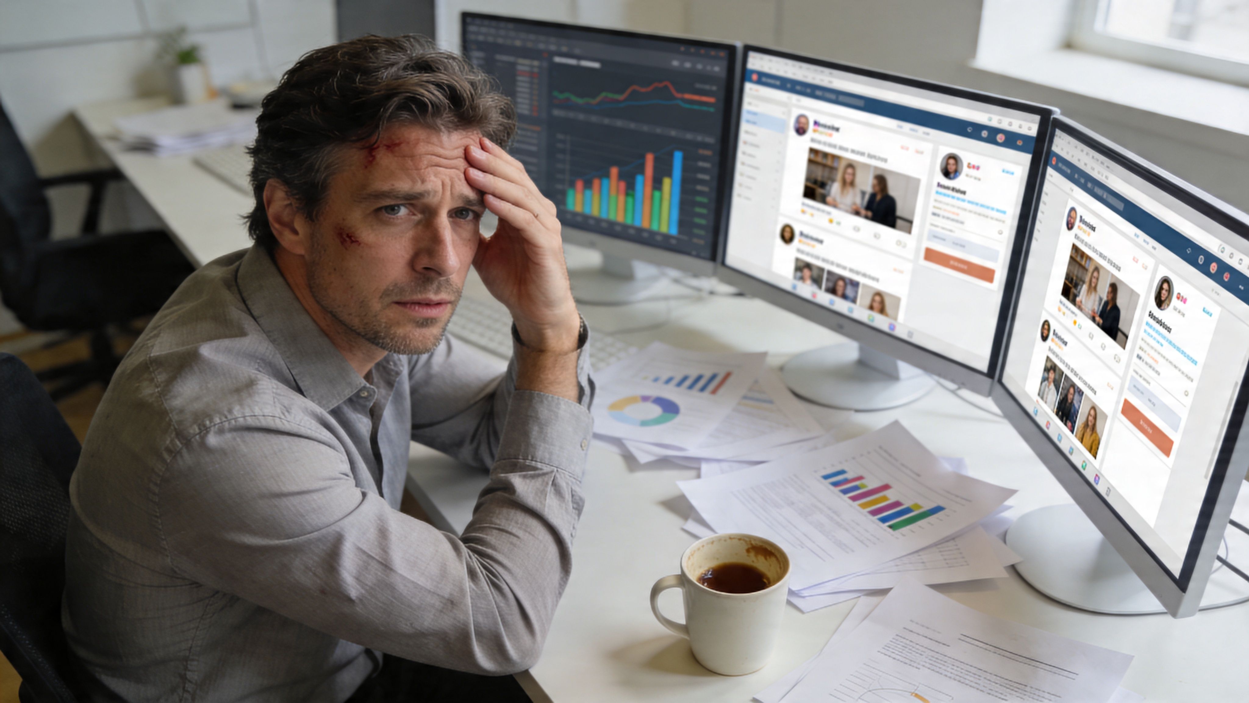 A stressed man with a facial injury working at a desk with multiple computer screens and documents.