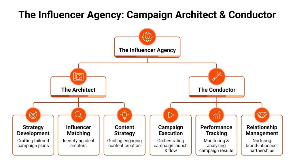 A diagram illustrating the roles of an influencer agency as both a campaign architect and conductor.