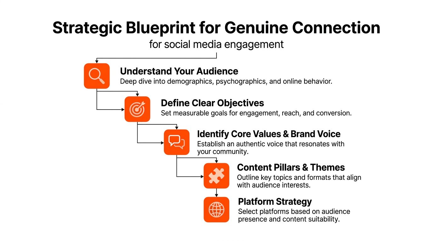 A strategic flowchart showing five steps for building genuine engagement on social media platforms.