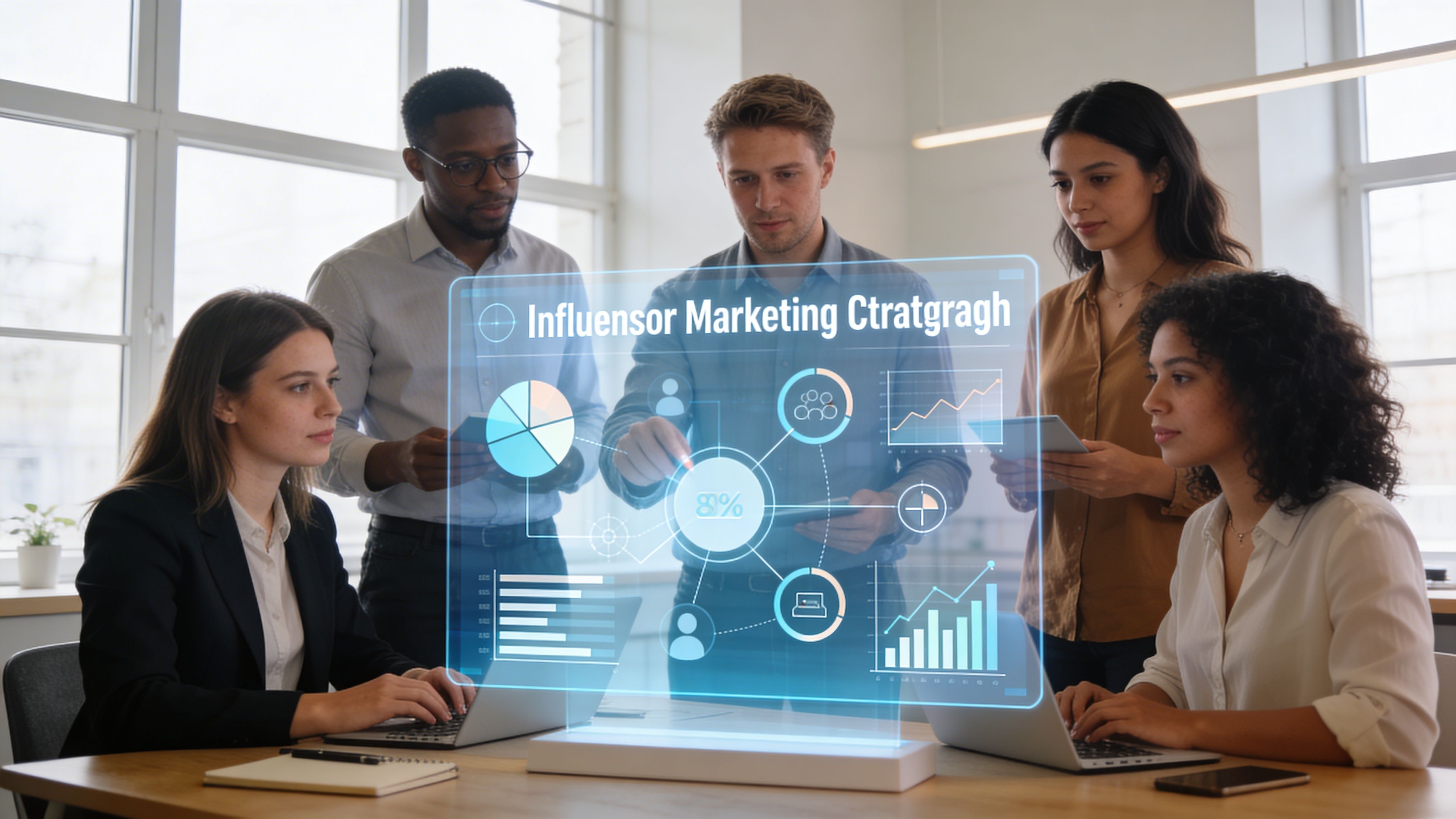 A professional team collaborating on an influencer marketing strategy using a futuristic holographic data display panel.
