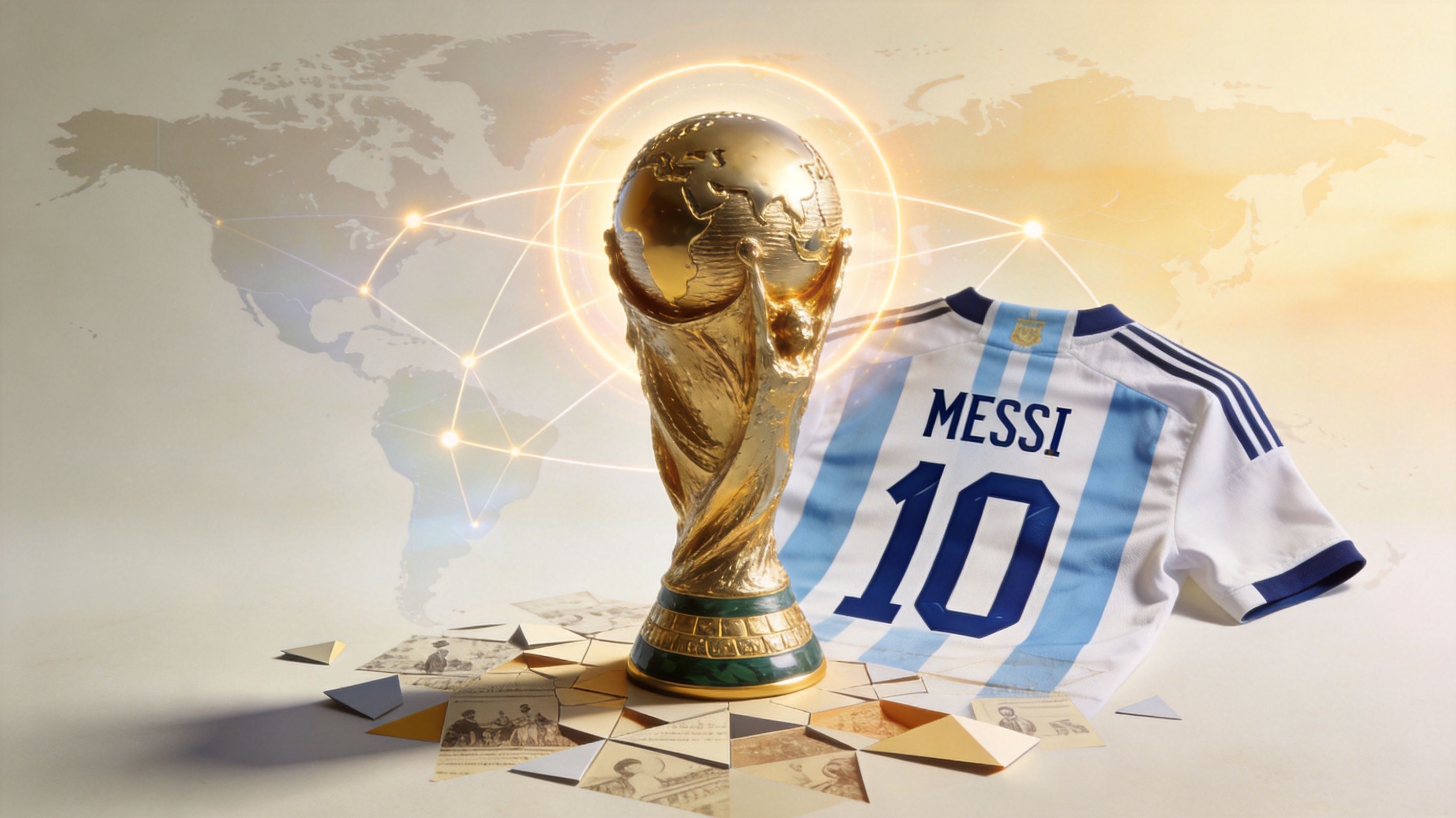 The FIFA World Cup trophy sits next to a Messi number 10 Argentina jersey on a map background.