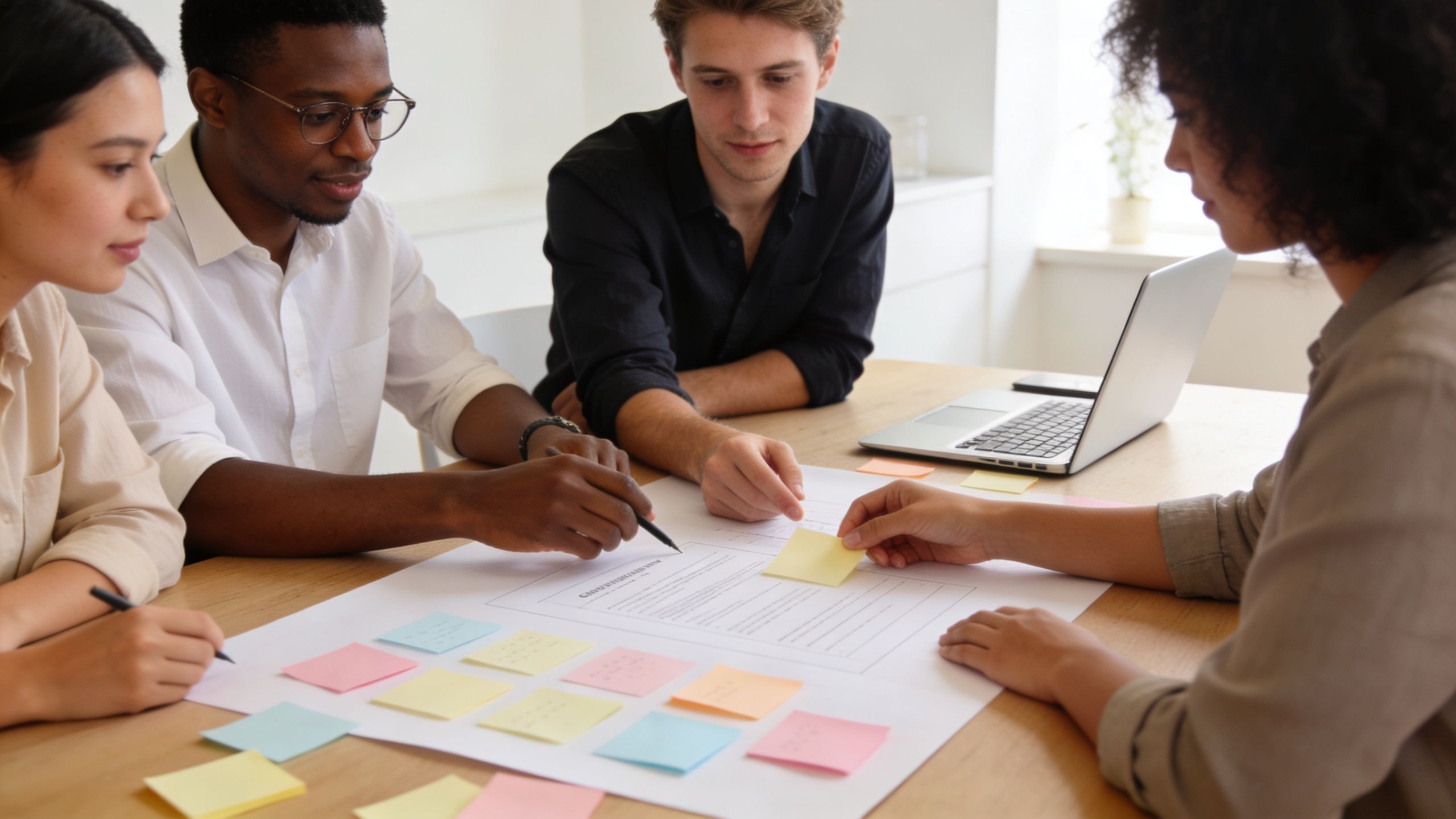 A diverse team of professionals collaborating around a table while reviewing documents and colorful sticky notes.