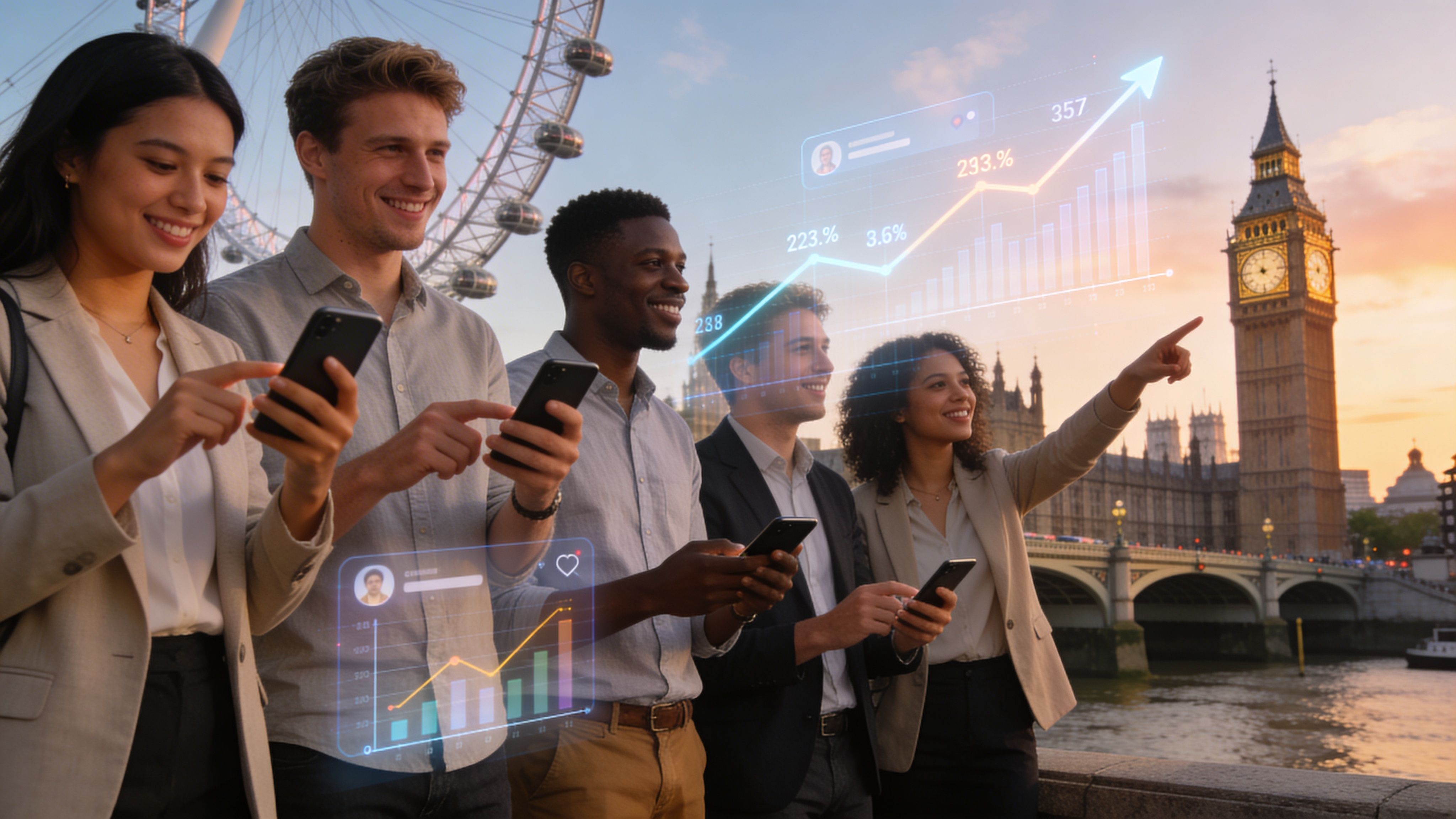 A diverse group of professionals use smartphones with augmented reality data analytics overlays in London.