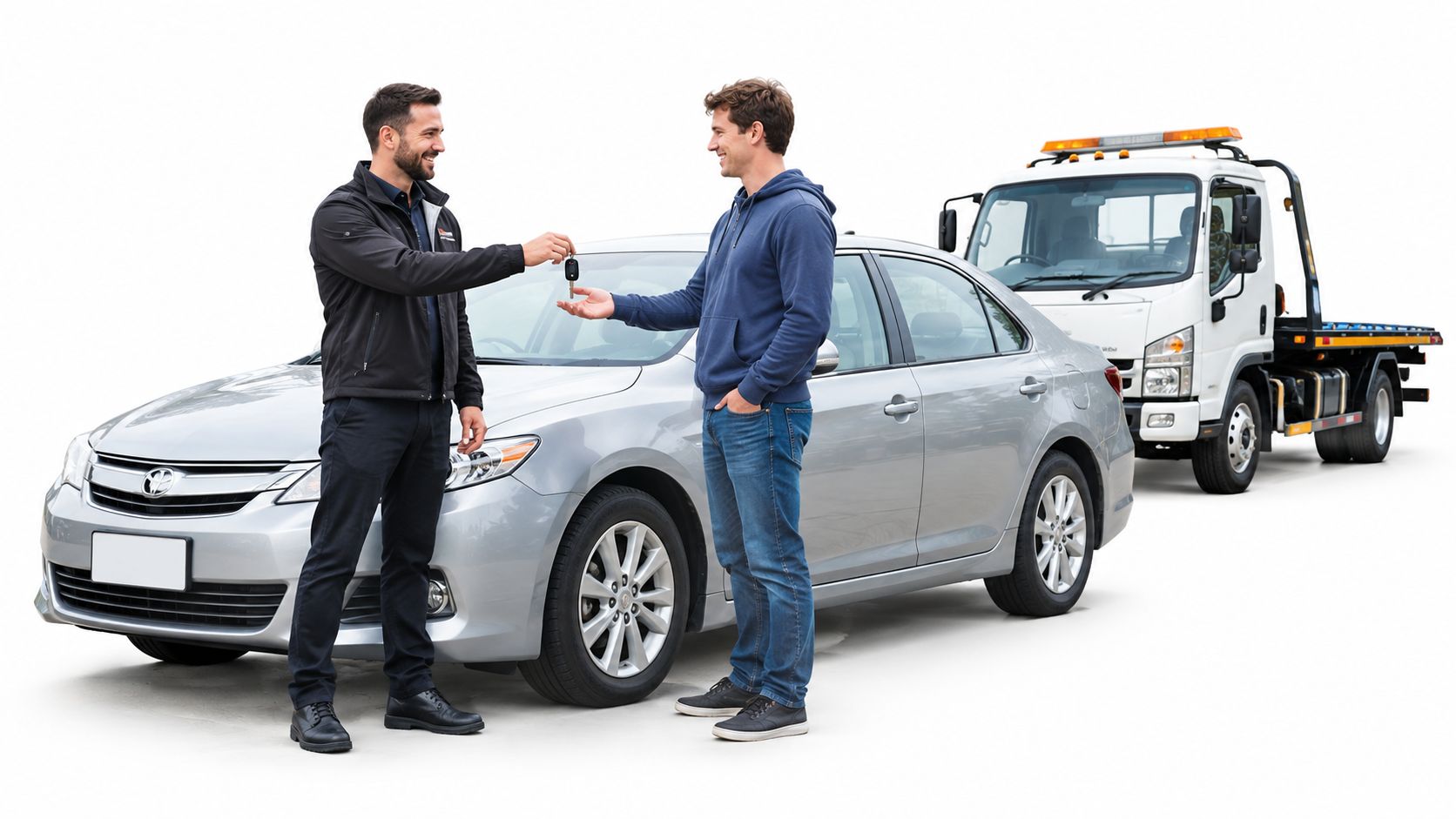 A professional car seller handing over car keys to a happy customer next to a tow truck.