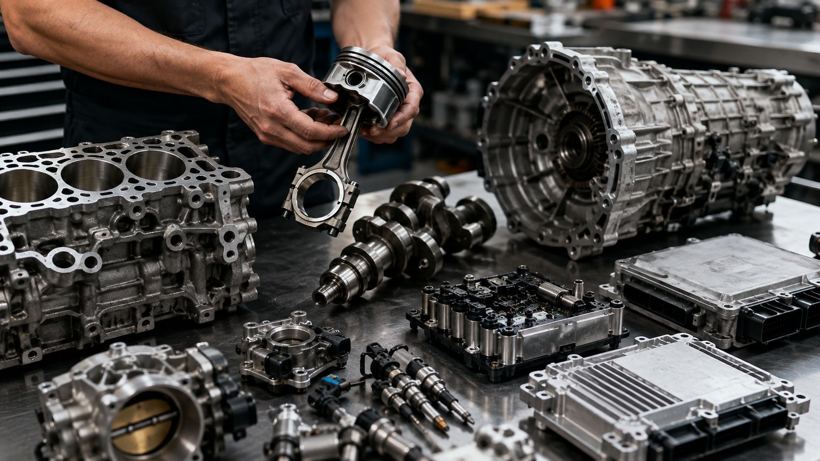 A skilled mechanic disassembles an automotive engine, holding a piston over a table full of mechanical parts.
