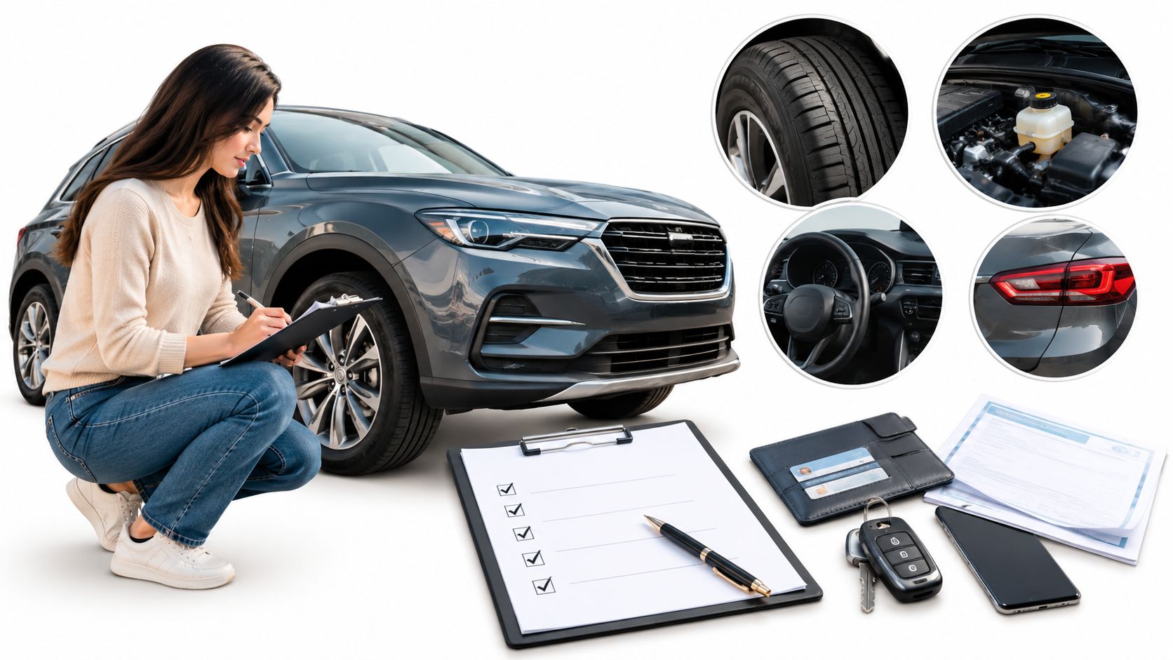 A woman inspecting a gray SUV with car maintenance checklist, parts, and documents on a white background.