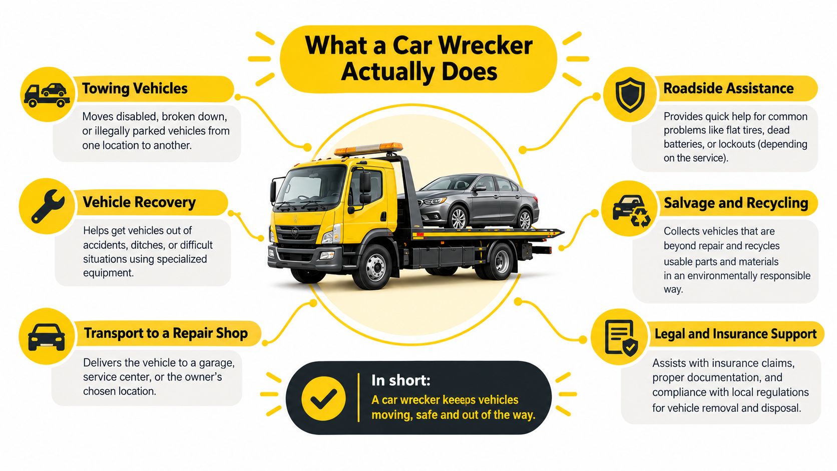 An infographic titled What a Car Wrecker Actually Does displaying services like towing, recovery, salvage, and support.