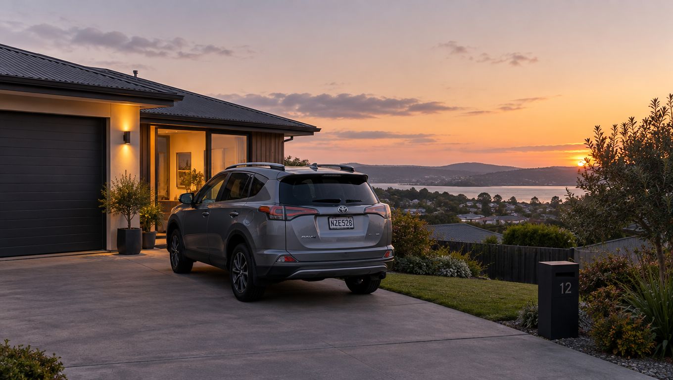 A silver Toyota RAV4 SUV parked on a residential driveway overlooking a scenic coastal sunset view.