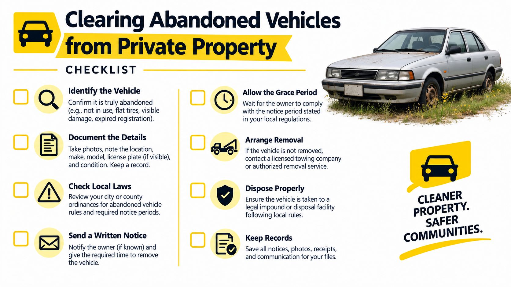 A checklist infographic titled Clearing Abandoned Vehicles from Private Property with eight steps for legal vehicle removal.