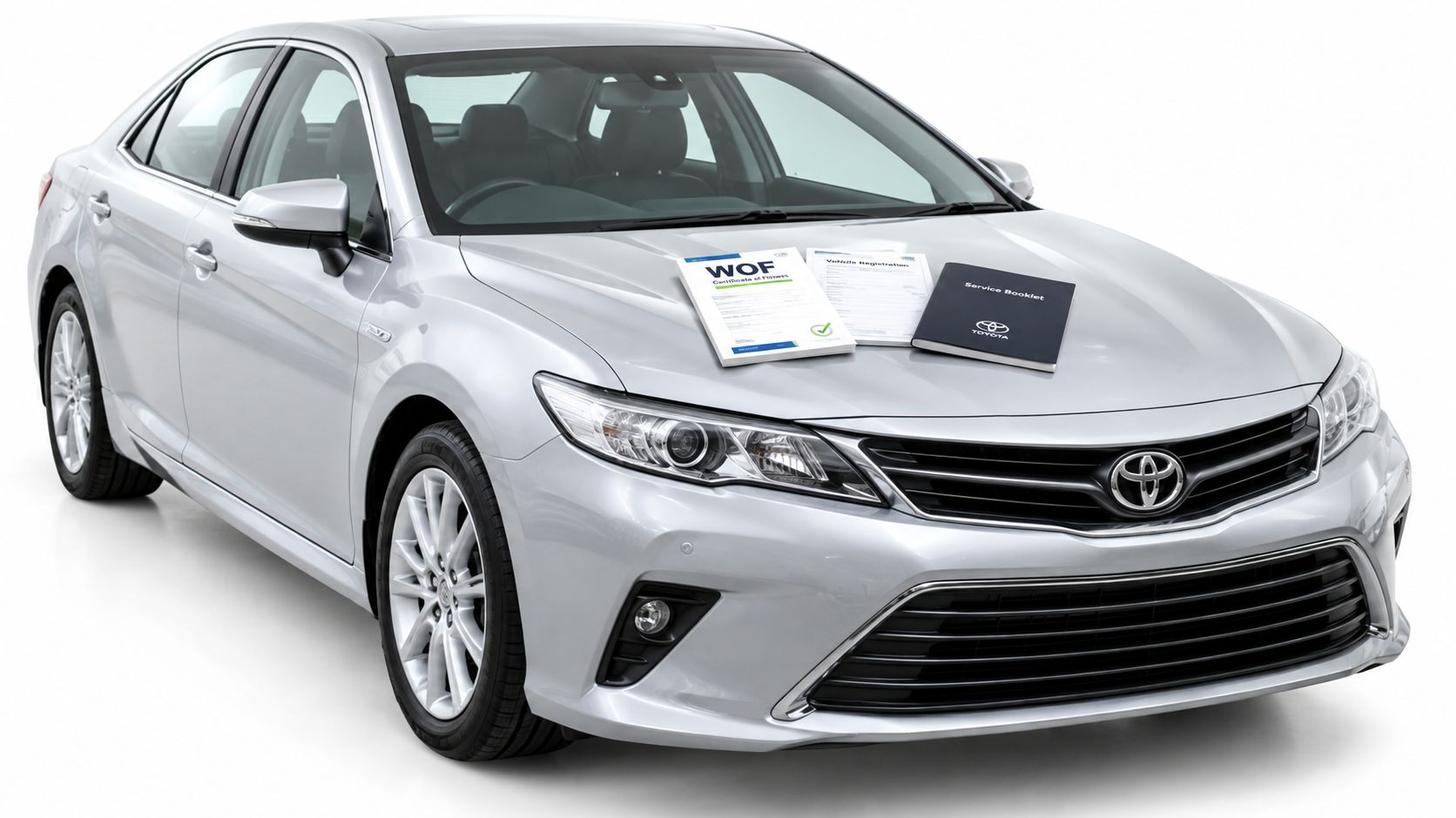 A silver Toyota sedan parked on a white background with vehicle documents placed on its hood.