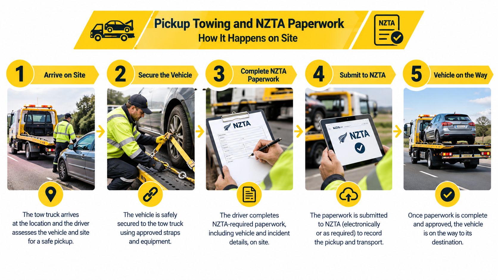 A five-step infographic showing the process of towing a vehicle and completing mandatory NZTA paperwork on site.