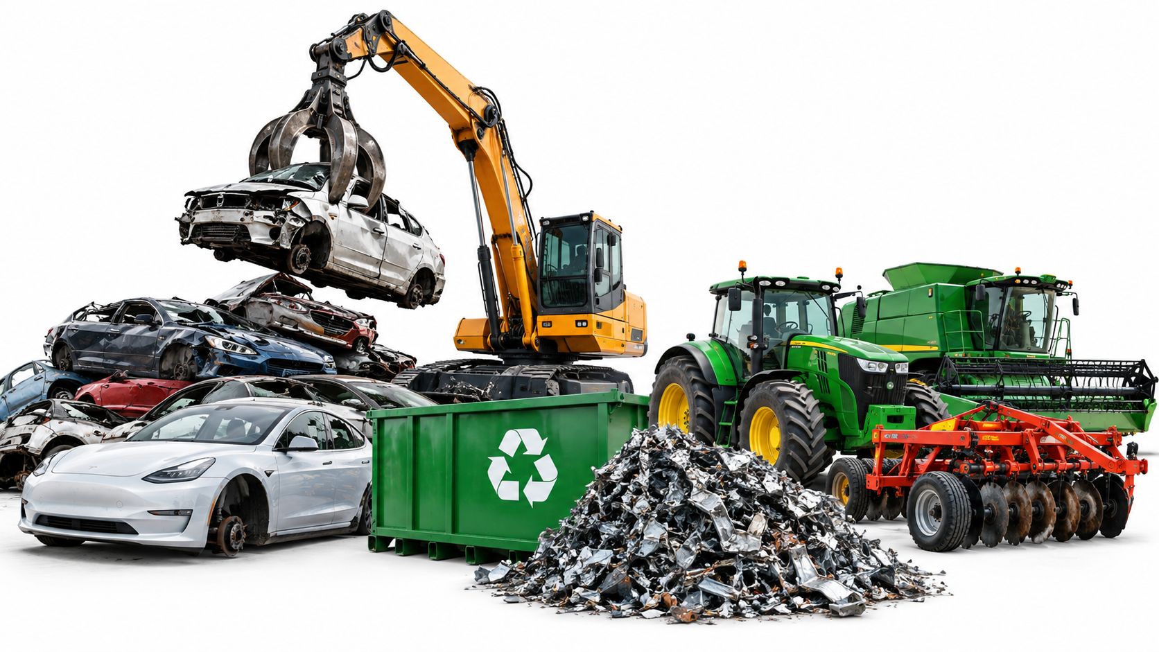 A yellow excavator lifting a damaged car in a scrap metal recycling yard with tractors nearby.