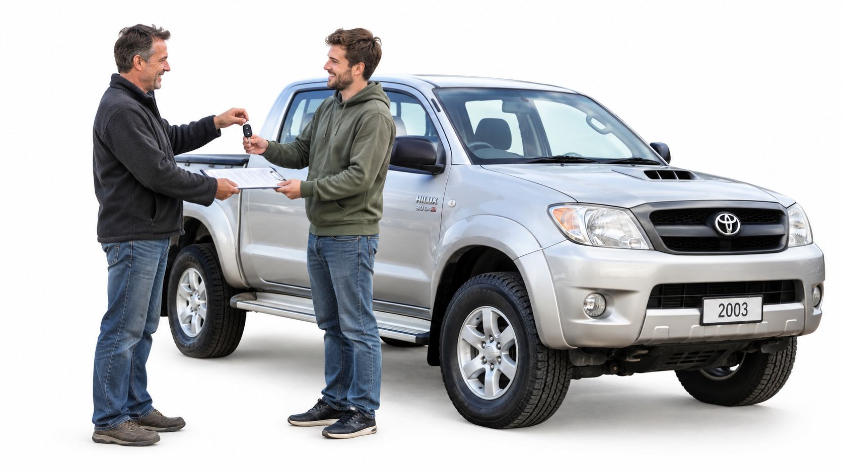 An older man and a younger man exchanging car keys and documents in front of a pickup truck.