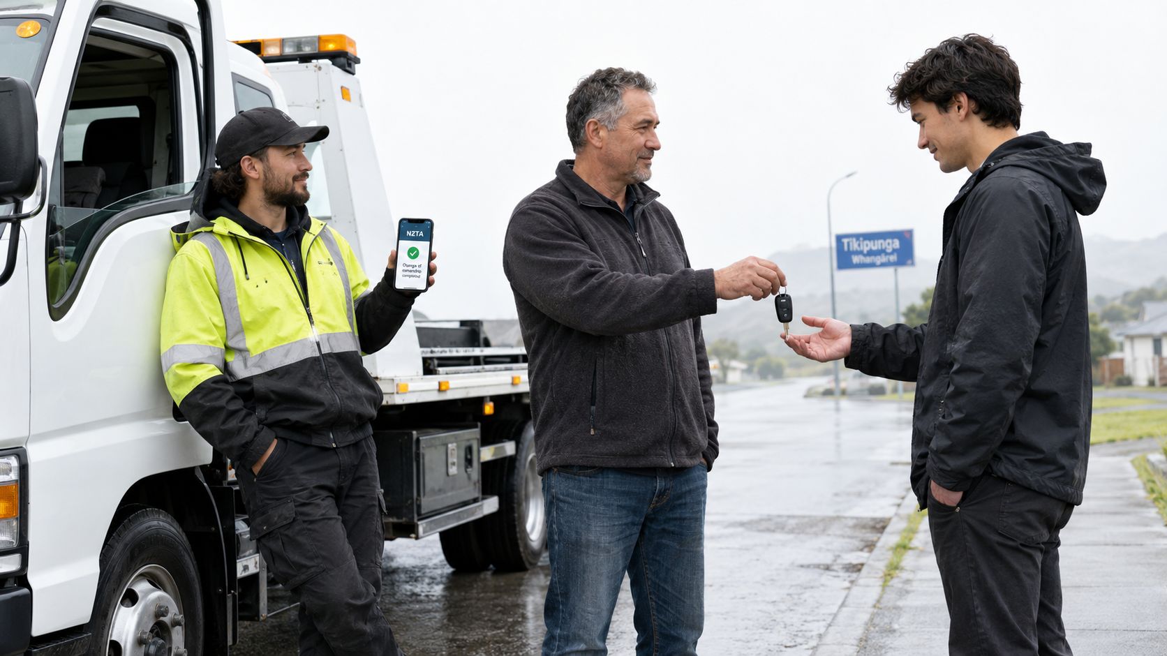 A tow truck driver showing NZTA ownership app while a man hands car keys to a young person.