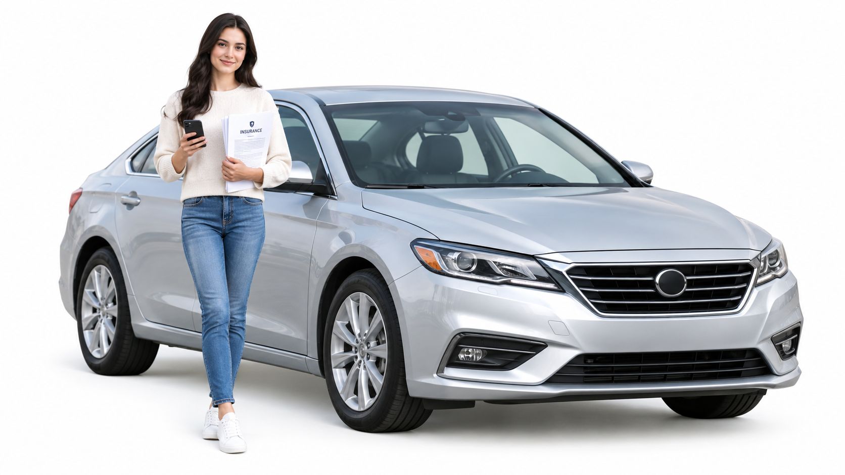A young woman smiling while holding insurance documents and a smartphone next to a silver sedan.