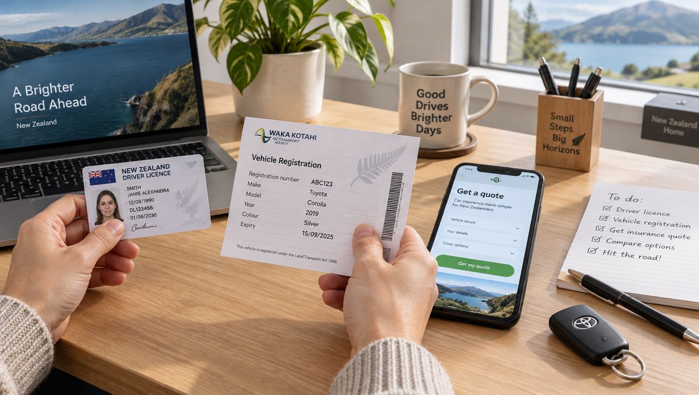 A person holding a New Zealand driver license and vehicle registration document near a smartphone showing insurance quotes.