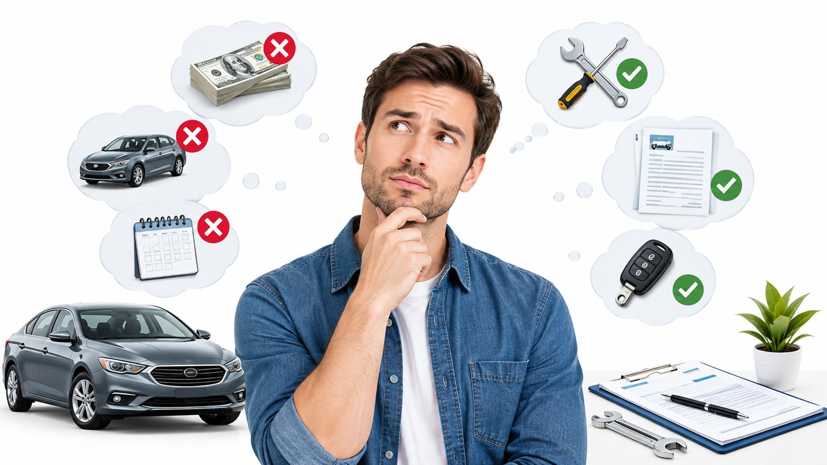 A man thoughtfully considering decisions regarding car repairs, documents, and key replacement versus selling his vehicle.