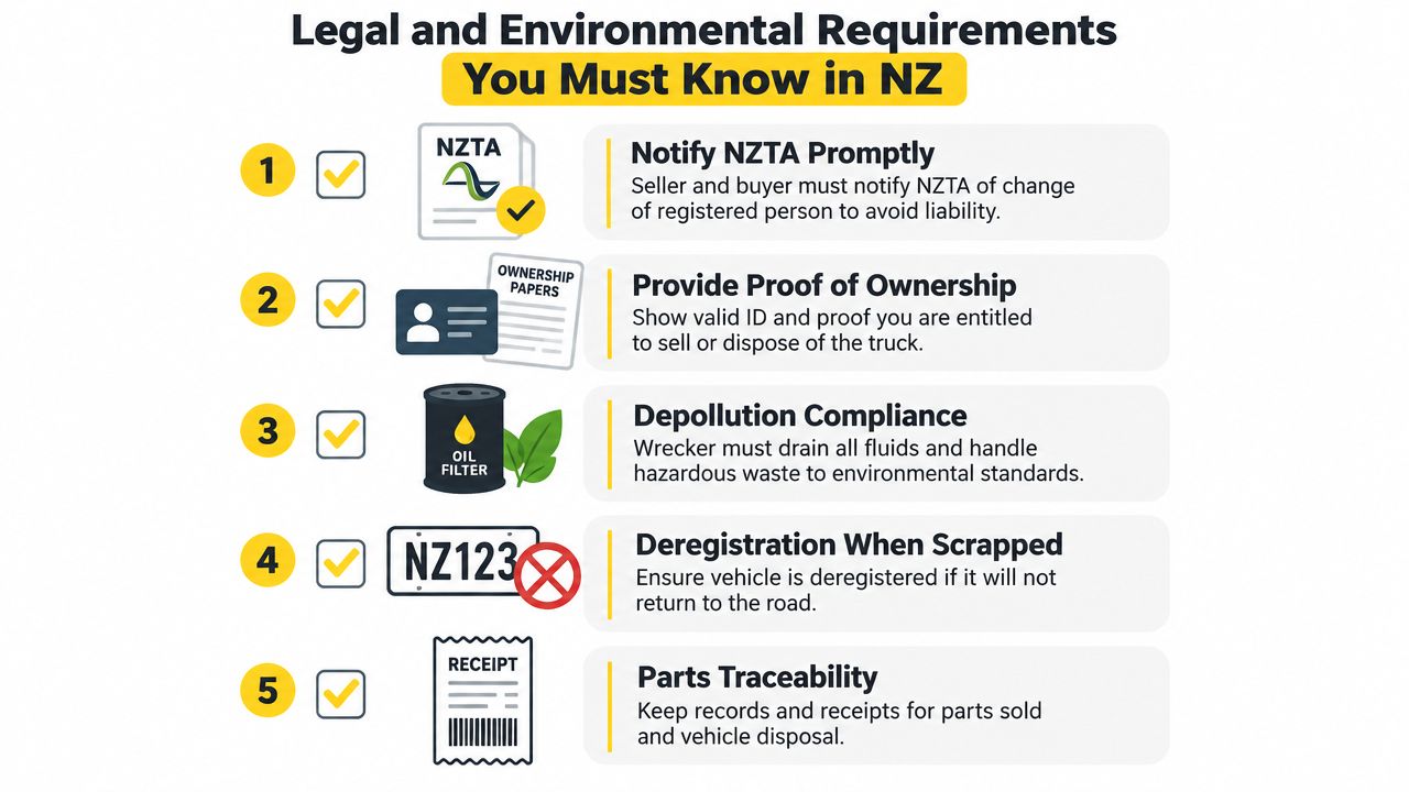 An infographic outlining five essential legal and environmental requirements for disposing of trucks in New Zealand.