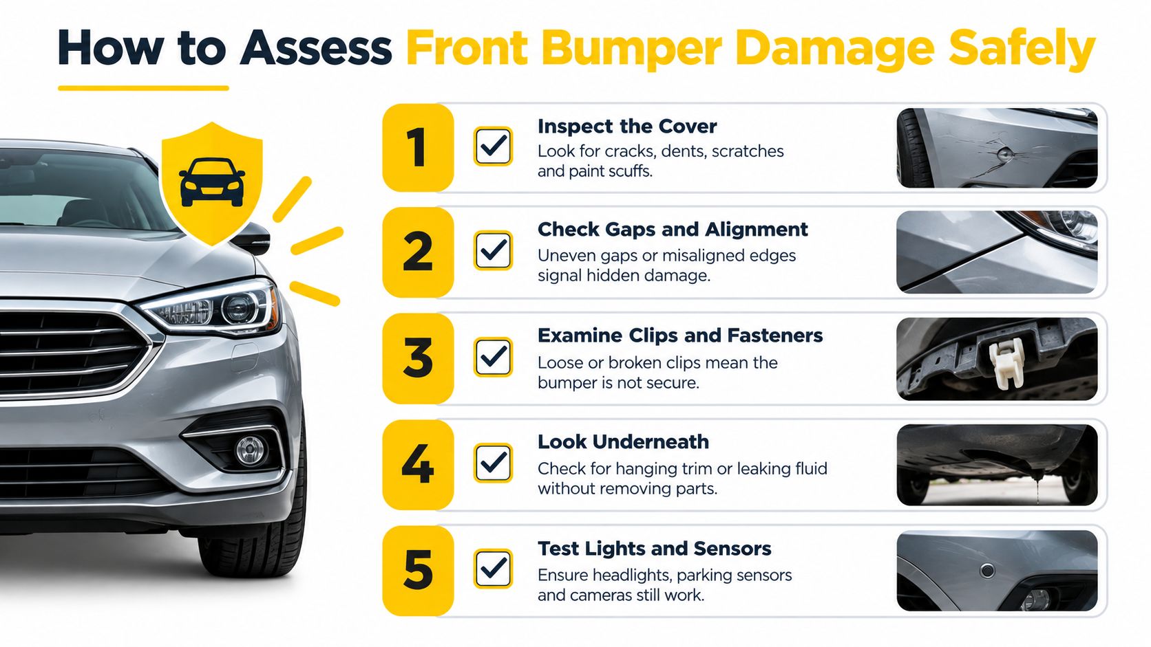 An infographic titled How to Assess Front Bumper Damage Safely showing five steps to inspect vehicle bumper damage.