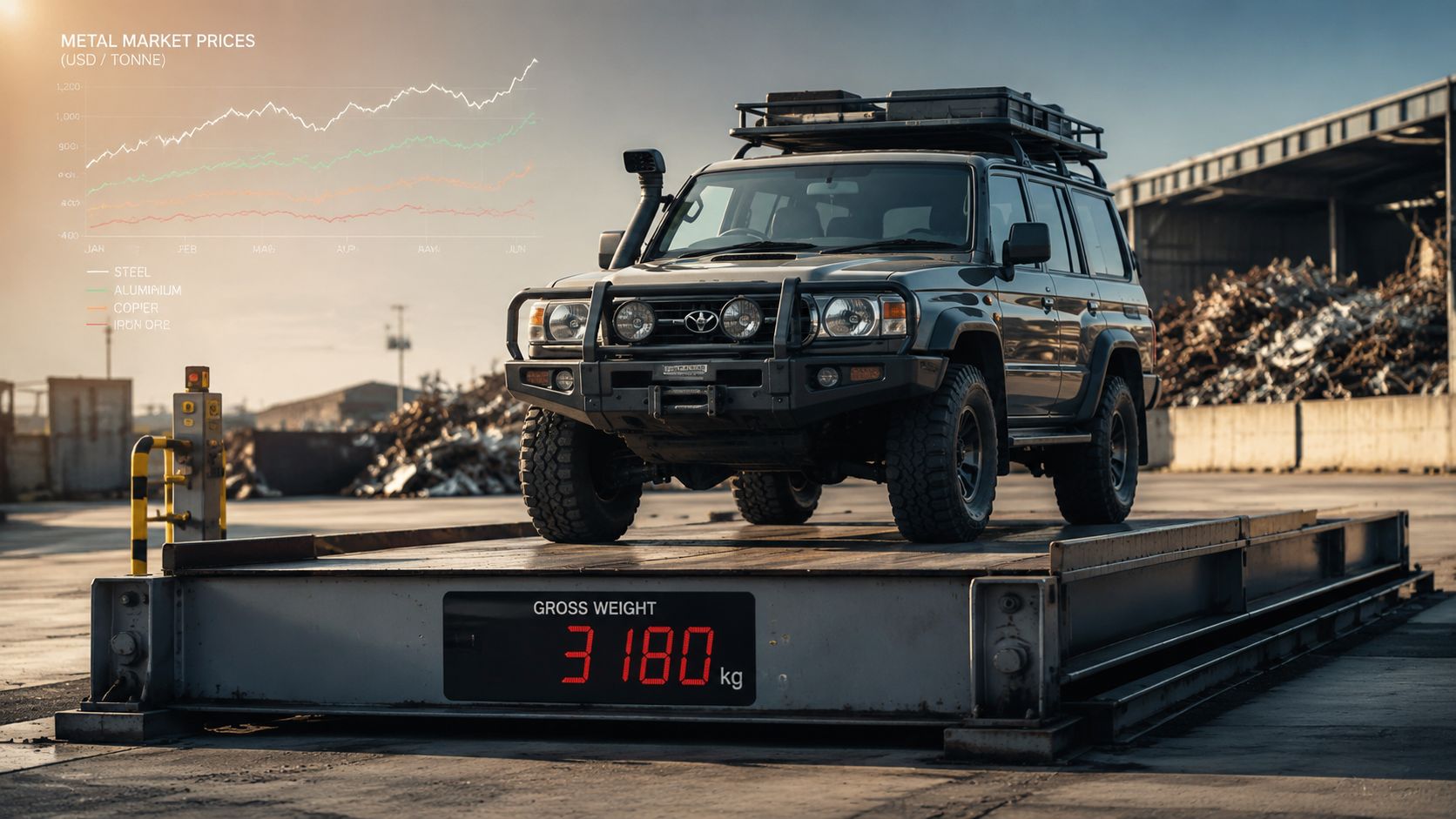 A Toyota Land Cruiser parked on a large industrial scale with a metal market price chart overlay.