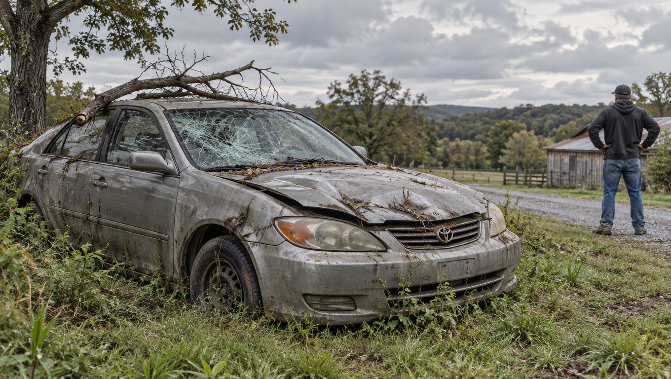 A man stands beside a heavily damaged, mud-covered Toyota sedan crashed under a fallen tree branch.
