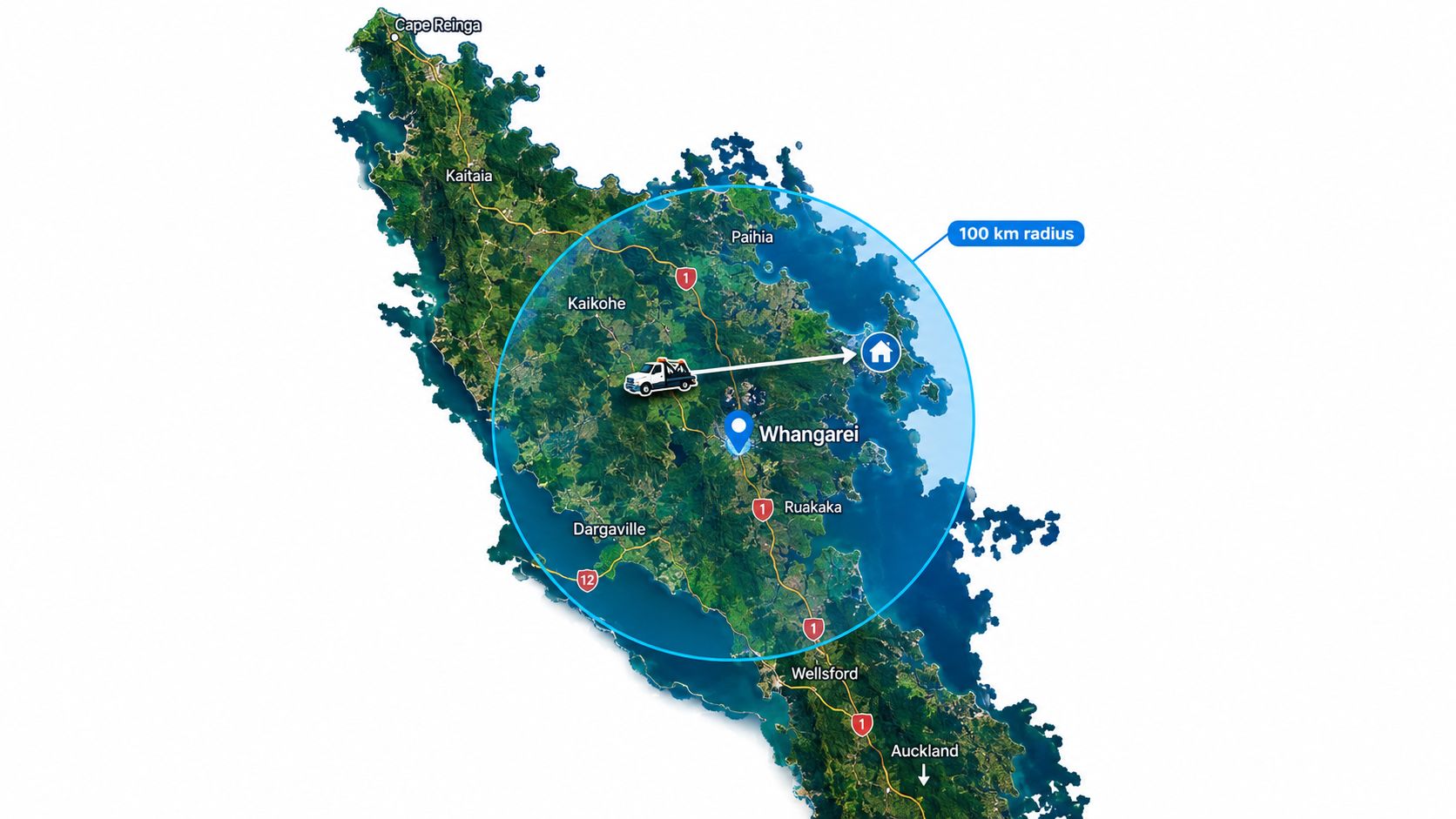 A map of Northland, New Zealand showing a 100 km service radius for vehicle removal services.