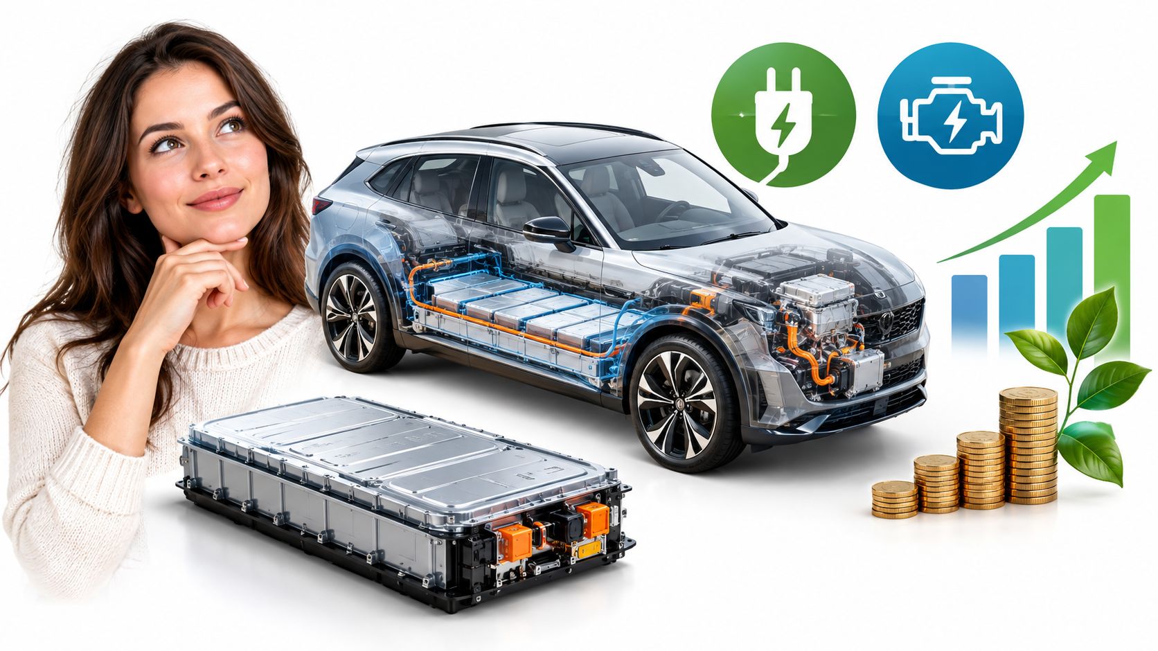 A woman contemplating electric vehicle options with a visible battery pack and financial growth chart illustration.