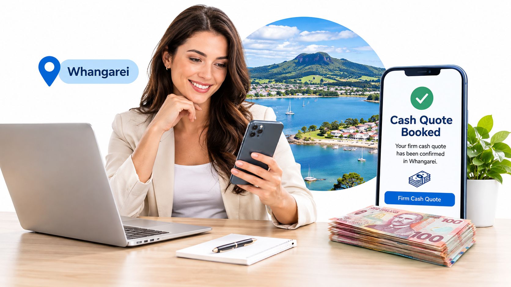 A woman smiling while using her smartphone at a desk with a laptop and cash in Whangarei.