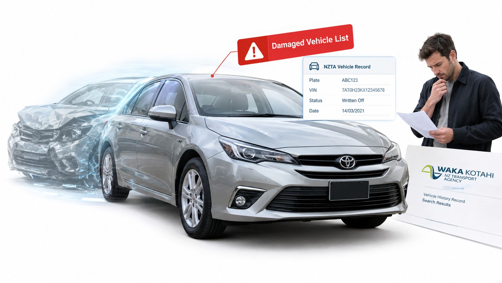 A man examines a vehicle history report showing a car has been marked as written off.