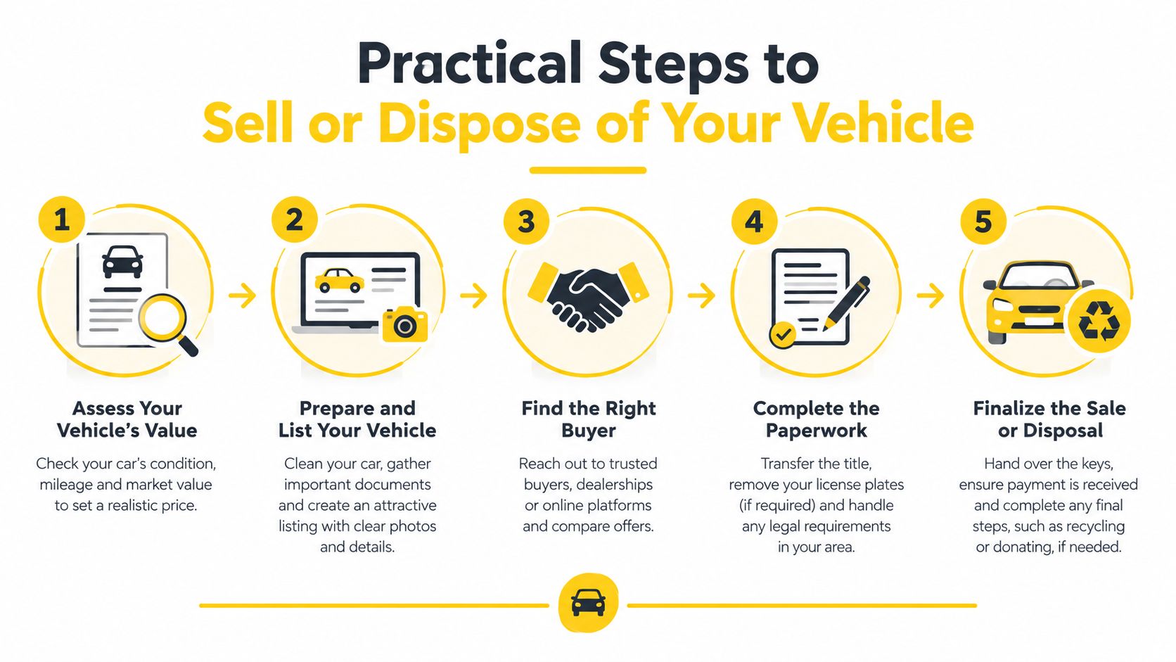 A step-by-step infographic illustrating the practical process to sell or dispose of your vehicle safely.