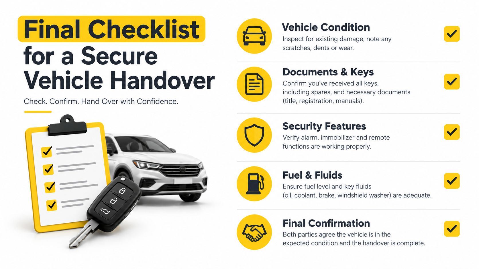 A checklist for a secure vehicle handover, highlighting important steps for inspecting and transferring a car.