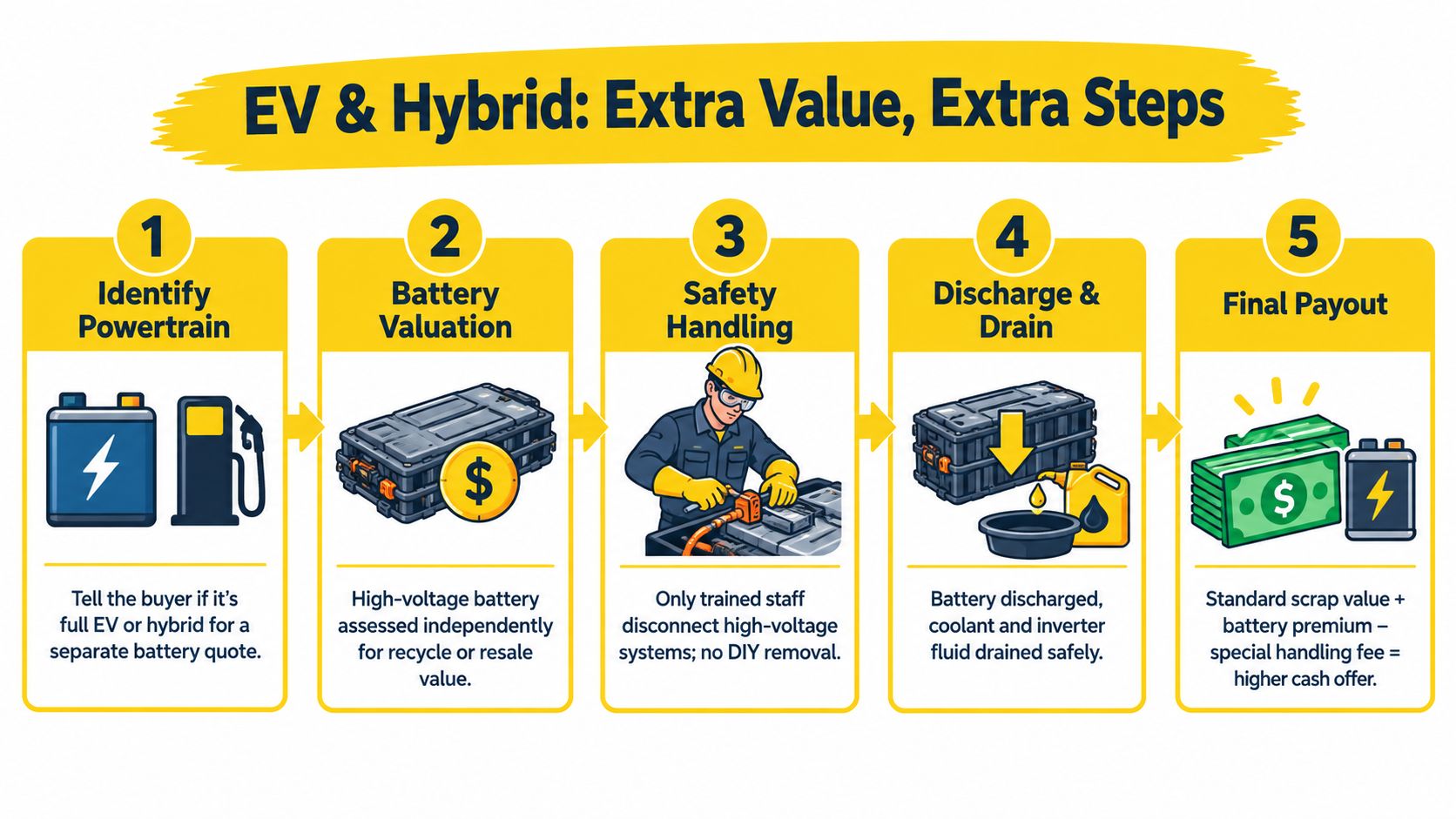 An infographic showing a five-step process for processing electric and hybrid vehicles for cash payouts.