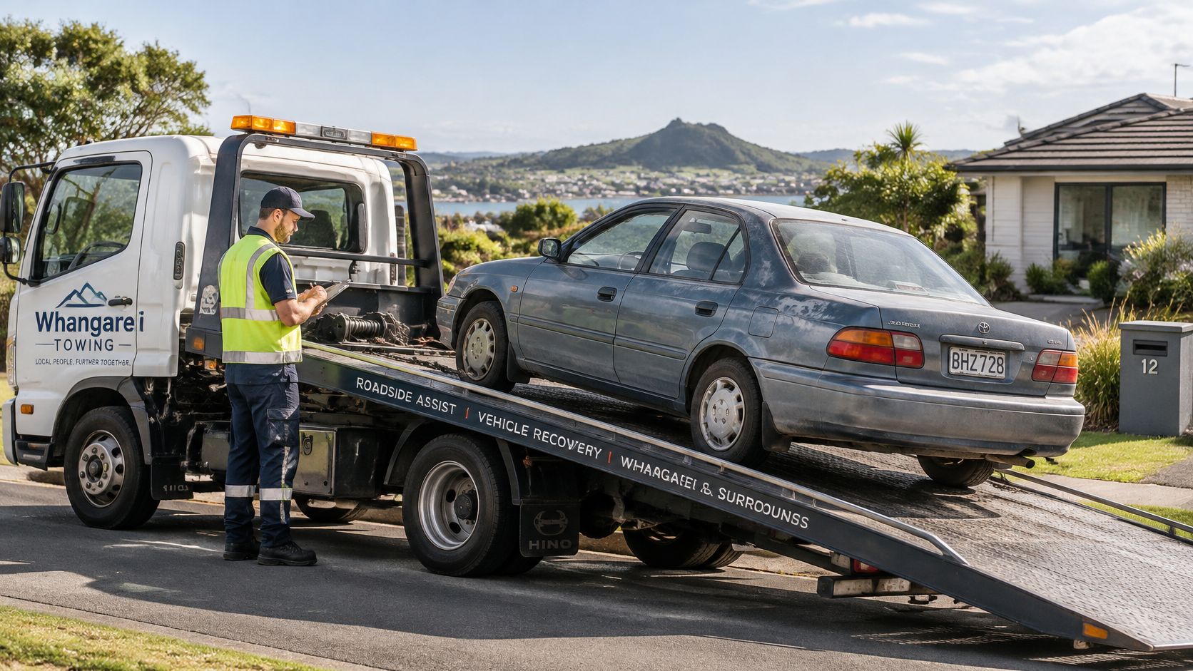 A Whangarei towing professional inspects a blue sedan loaded onto the bed of a tow truck.