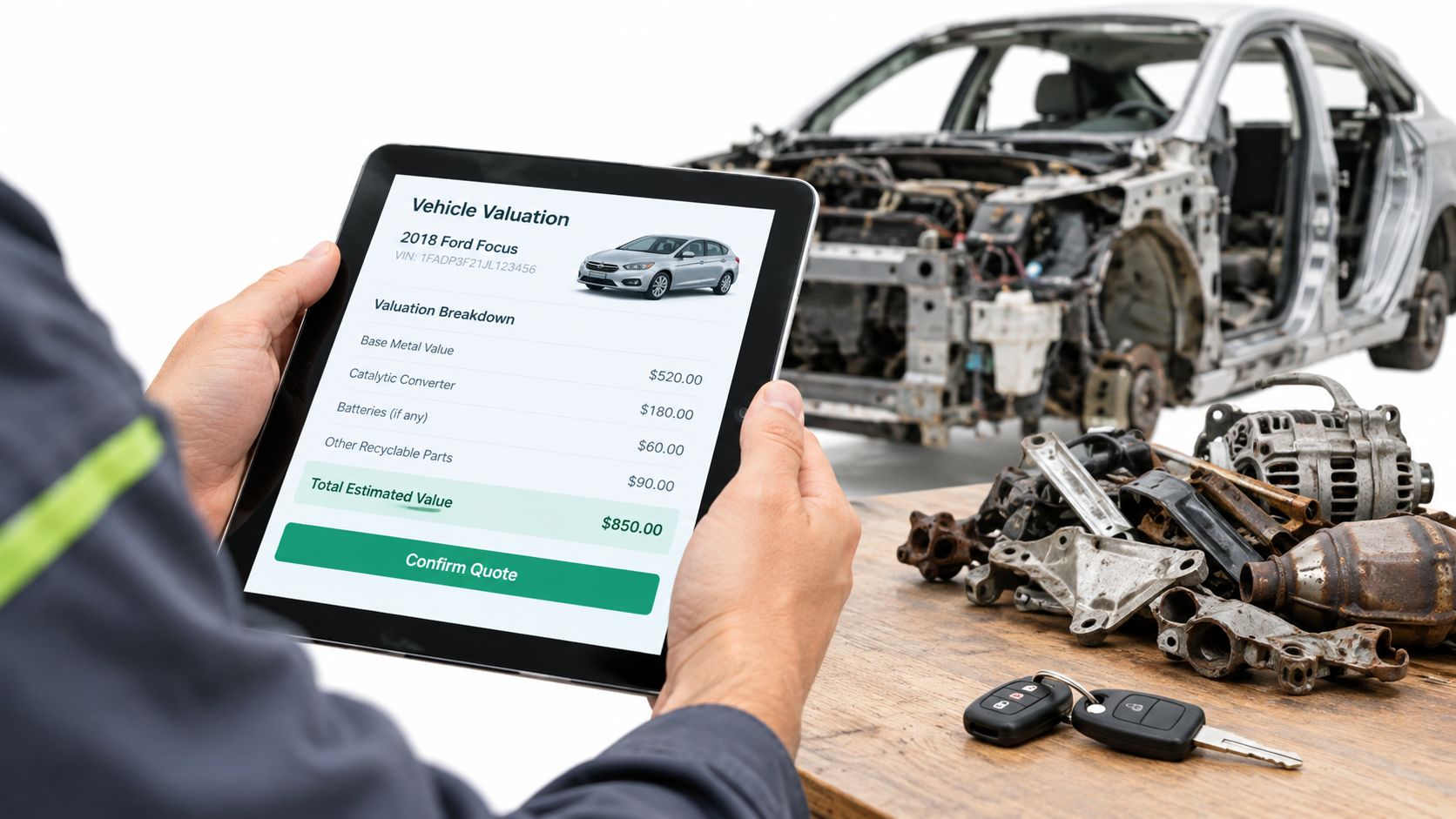 A technician using a digital tablet to display a vehicle valuation for a scrapped Ford Focus car.