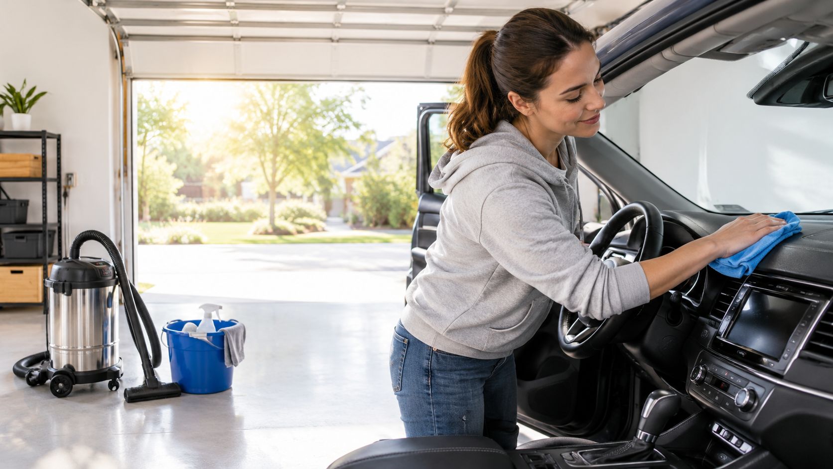 A woman cleaning the dashboard of her car with a blue microfiber cloth inside a garage.