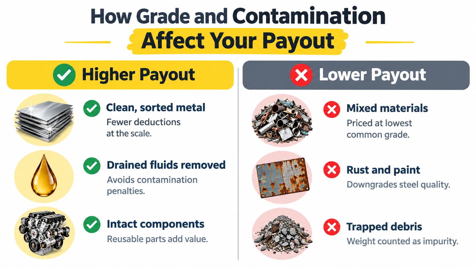 An infographic showing how proper metal sorting and cleaning lead to higher scrap metal payout prices.
