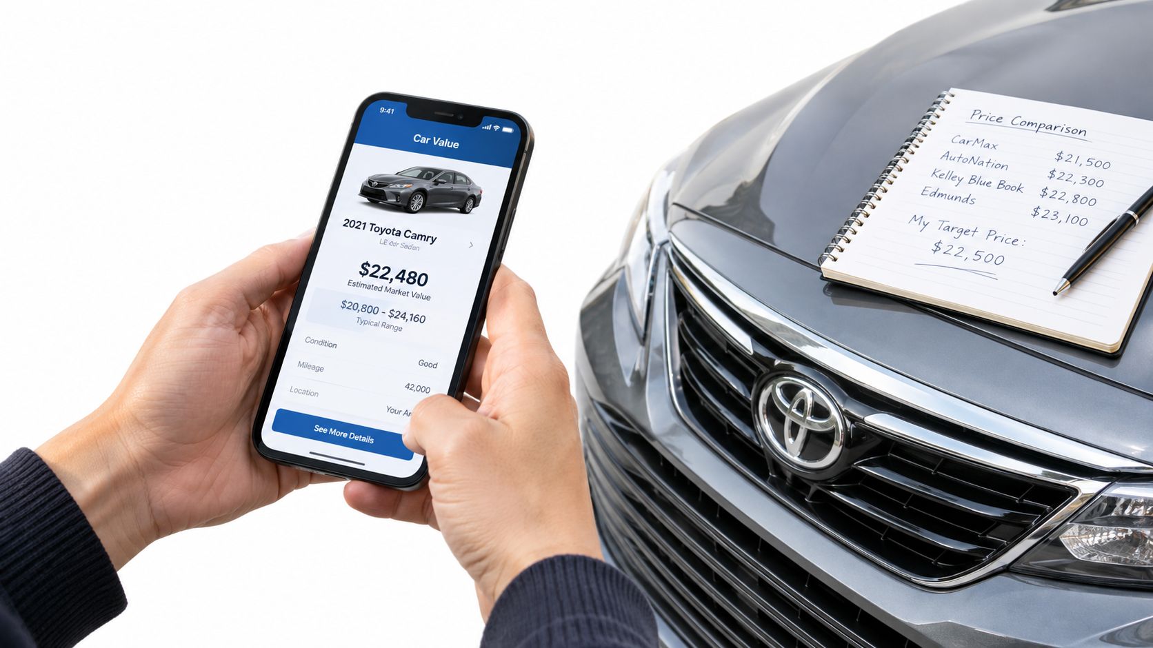 A person holds a smartphone showing car valuation data while comparing it to a handwritten price list.