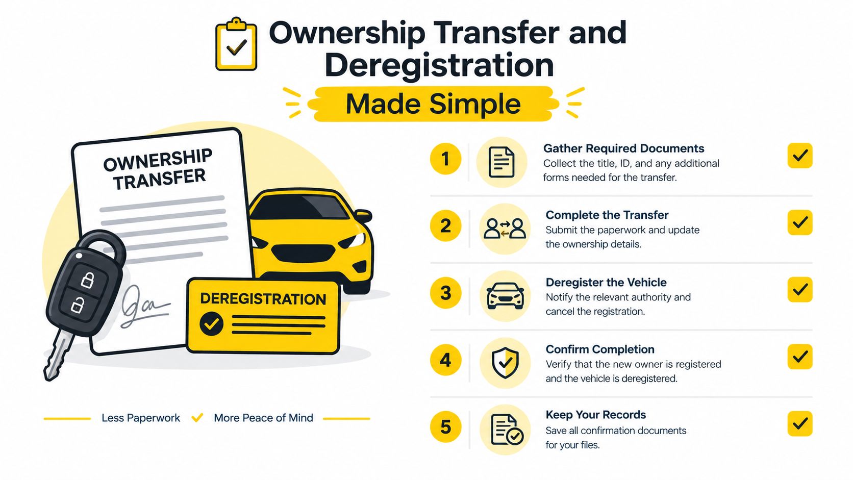An infographic showing a five-step process for vehicle ownership transfer and car deregistration in a simple way.