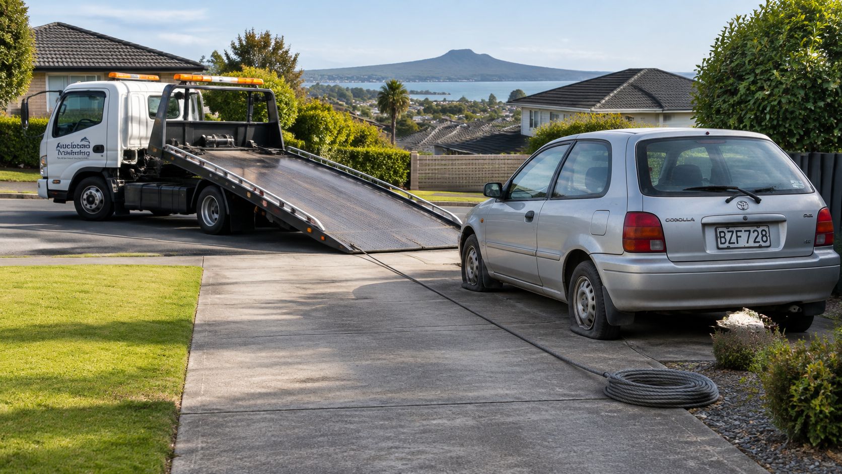 A flatbed tow truck waiting to pick up a silver Toyota Corolla with flat tires from a driveway.