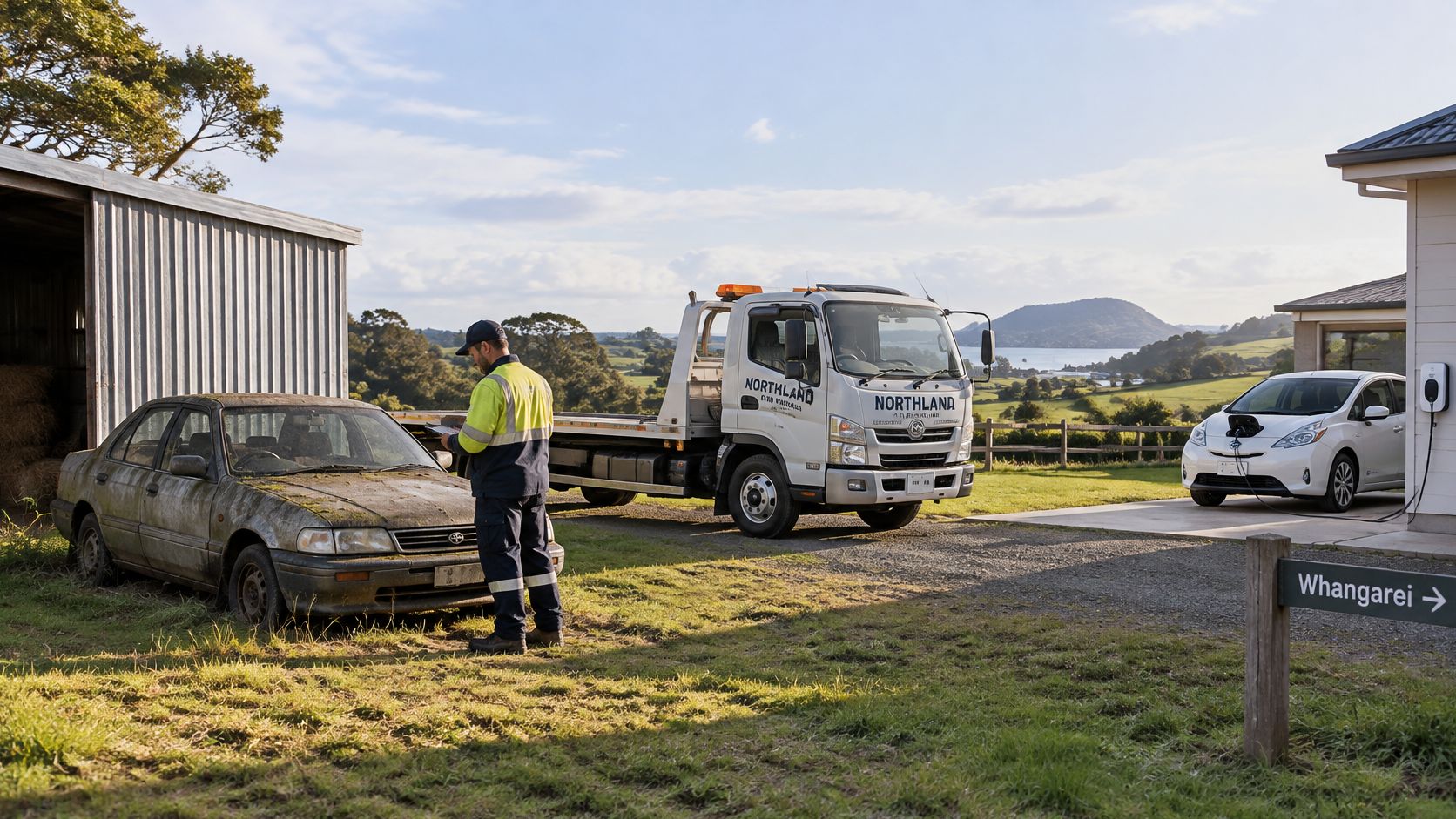 A roadside assistant inspects an old, mossy vehicle parked beside a tow truck in rural Whangarei, New Zealand.