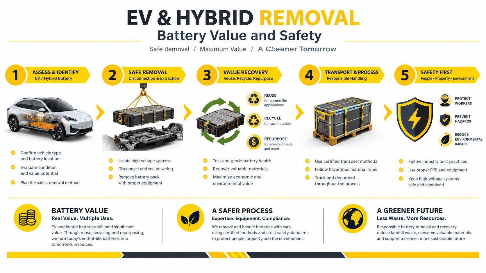 A five-step infographic showing the safe removal, recycling, and repurposing process of EV and hybrid car batteries.