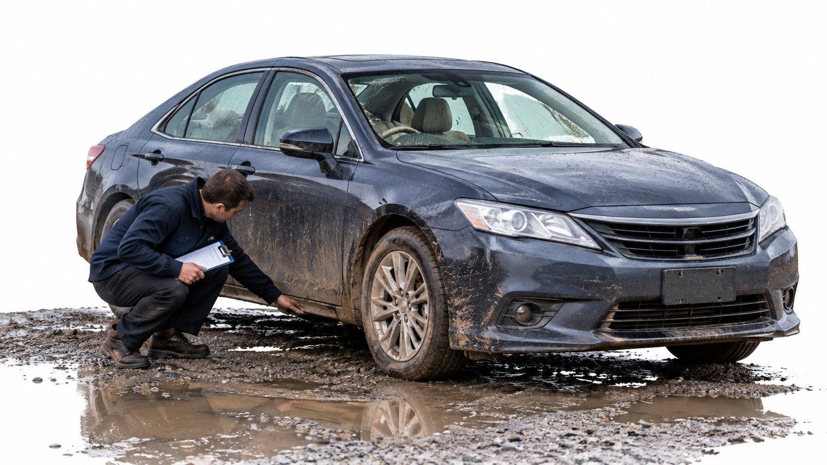 A car inspector examining the damaged side of a muddy vehicle at a scrap yard.