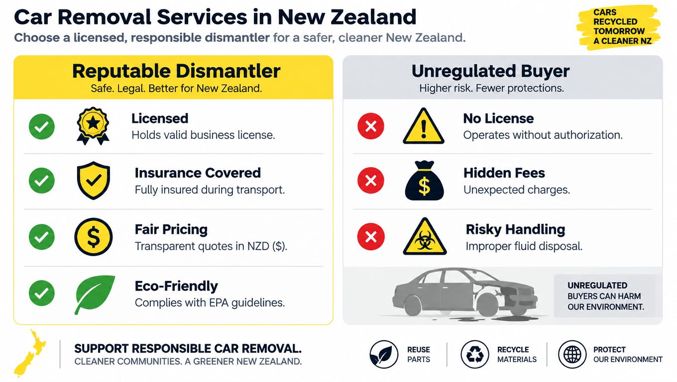 An infographic comparing reputable licensed car dismantlers versus unregulated buyers in New Zealand for environmental safety.